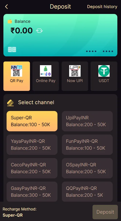 Tashan win game Deposit page